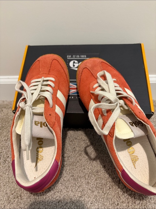 Gola Shoes - Gola Orange Suede Women’s Sneakers with White Stripes and Purple Heel